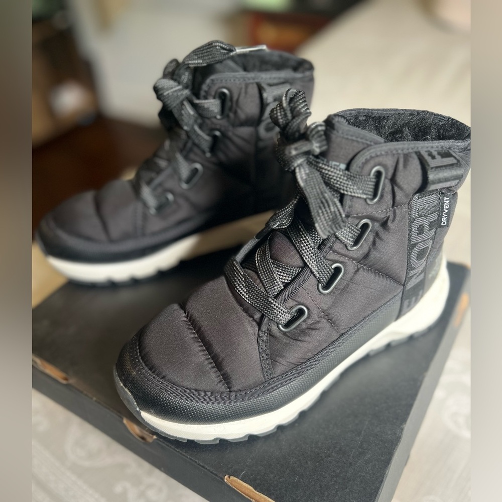 The North Face Thermoball Lace Up Black Winter Boots with Quilted Design